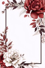 ornate floral frame with white and burgundy flowers, leaves and berries, on off-white background, in vintage style