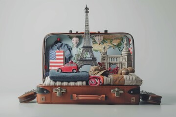 Paris-themed suitcase filled with travel items