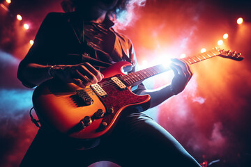 Obraz premium Mesmerizing concert featuring a close-up shot of a guitarist. Generative AI