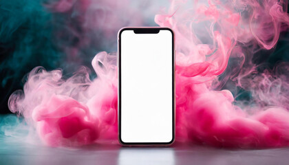 Close-up of smart phone with clean white screen and pink smoke on backdrop. Mockup blank display