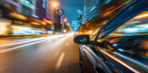 Speeding Car on a Luminous City Street at Night - obrazy, fototapety, plakaty