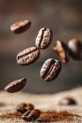 Macro view of coffee beans levitating, copy space