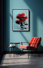 Blue wall living room interior with red flower art, velvet armchair and coffee table, 3d render