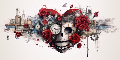A steampunk heart made of gears, cogs and roses with a skull in the center.