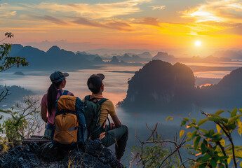 Couple Watching Sunrise on Mountain Peak With Backpacks - obrazy, fototapety, plakaty
