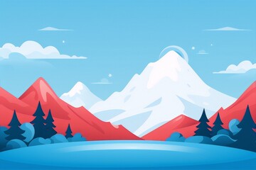 Snowy mountains and hills with blue sky and trees in foreground, flat vector illustration