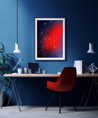 Blue and red abstract art in home office with red chair