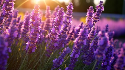 Fototapeta premium Sunlit lavender field displaying rich purple hues