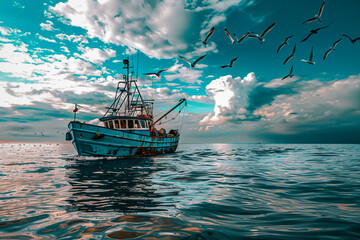 blue fishing boat on a calm sea