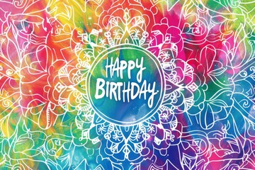 A rainbow-colored pattern with intricate mandala designs, with the words "HAPPY BIRTHDAY" written in white ink at its center Generative AI