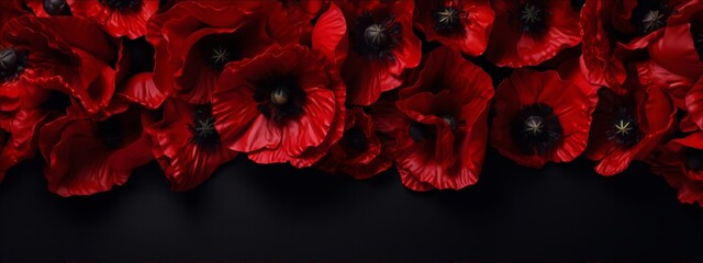 Delicate red poppies on a black background. Floral, dark, still life, photography.