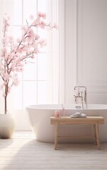 Bathroom interior with a large pink cherry blossom tree in a white pot, a white bathtub, and a wooden bench with pink accessories in front of a large window with white curtains.