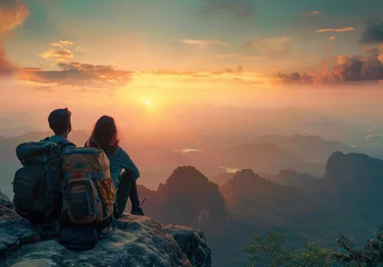 Wandaufkleber Couple Gazing at Sunset from Mountain Top with Backpacks © swissa