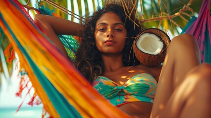 Young and beautiful woman with curly hair smiling and relaxing on a colorful hammock. Amazing...