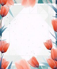 vibrant red tulips frame with green leaves over abstract background in watercolor