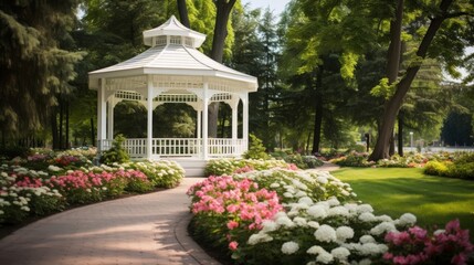 White gazebo standing elegantly in a floral oasis
