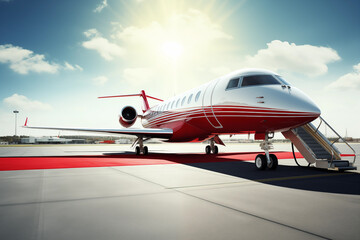 Fototapeta na wymiar Private jet parked on a tarmac, with its sleek exterior gleaming under the sunlight. Generative AI