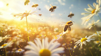 Honey Bees Flying Over Daisies in a Sunny Field