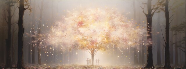 Four people in a surreal forest with a giant enchanted tree with pink and yellow leaves and white flowers, with a painterly and ethereal style, with soft colors and a dreamlike atmosphere.