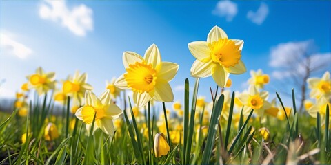 Field of bright yellow daffodils in full bloom with green stems and petals and a blue sky in the background - obrazy, fototapety, plakaty
