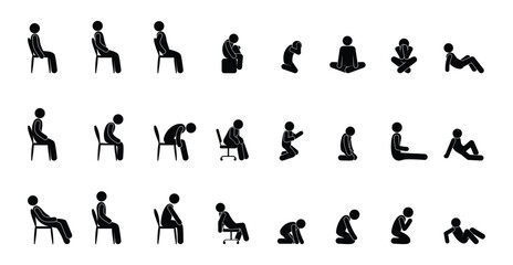 man sitting on chair, large set of sitting people, stick human figure, isolated pictograms - obrazy, fototapety, plakaty