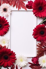 White frame mockup with red and cream gerbera flowers and autumn leaves