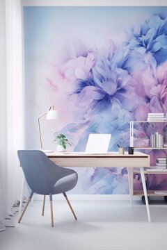 An artistic home office with a floral wallpaper mural in purple, blue and pink colors, with a modern minimalist desk and chair in front of it.