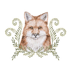 fox watercolor handmade composition with autumn plants and dried flowers, orange and green colors