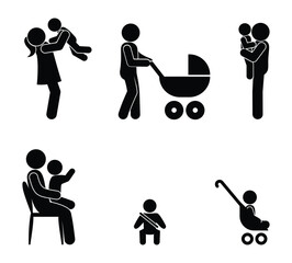 set of icons, family, children and parents, sticks, human figure, isolated character