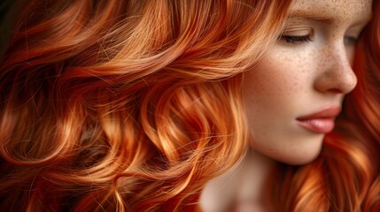   A tight shot of a woman's freckled face, her red hair framing it