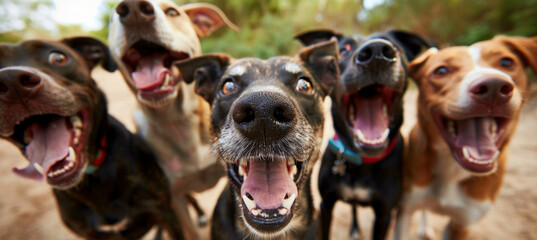 Happy Dogs Together Posing for Camera Outdoors - obrazy, fototapety, plakaty