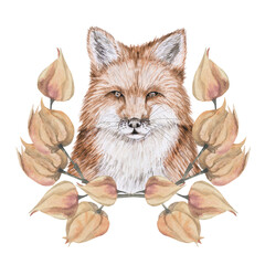 fox watercolor handmade composition with autumn plants and dried flowers, orange and green colors