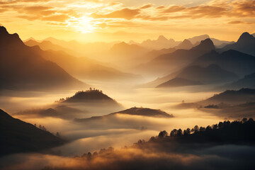 Serene sunrise over a misty mountain range. Generative AI