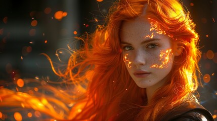   Close-up of a woman with long, red hair and radiant lights behind, gazing intently into the camera with a serious expression