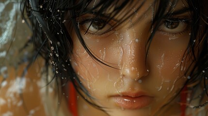   A tight shot of a woman's face, rain cascading down, winds gently tangling her hair