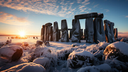 A Glorious Winter Solstice Sunrise at Stonehenge Where The Sun is Still Low and the Light Streaming Between The Monument Blocks - obrazy, fototapety, plakaty