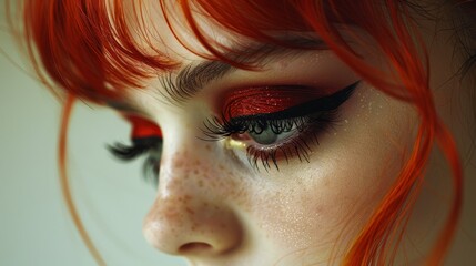  red hair vivid, eyes defined by black and white makeup