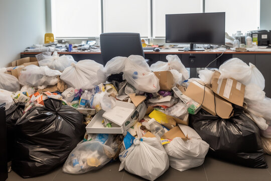 A mountain of garbage, garbage bags in the middle of a modern bright office during the working day