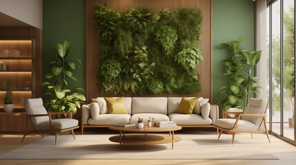 Modern living room with lush green wall and mid-century modern furniture