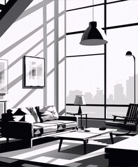 Black and white illustration of a modern living room with a large window, sofa, coffee table, rug and cityscape view in the background in art deco style