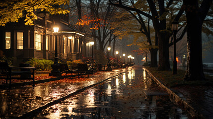 Fototapeta na wymiar A Park in Heavy Rain With Street Lights and Shiny Reflective Autumn Leaves