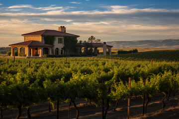 Sprawling vineyard estate with rolling hills covered in meticulously grapevines and winery...