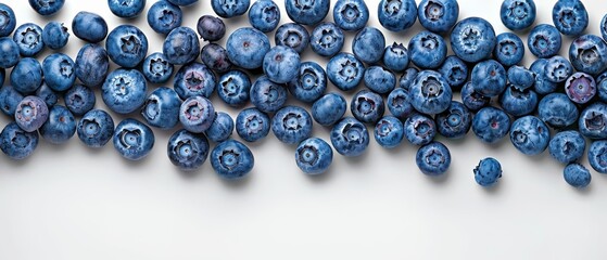   A collection of blueberries arranged together on a pristine white background, with several more in the center - obrazy, fototapety, plakaty