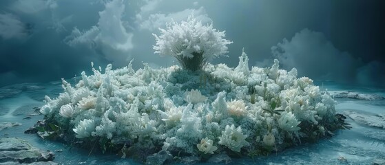 Fototapeta na wymiar An underwater perspective of a coral reef featuring a solitary tree in the water's depths, encircled by vibrant marine life Background displays billowing clouds
