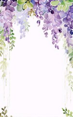 Delicate watercolor wisteria flowers in shades of purple with green leaves on a white background, botanical, art nouveau.
