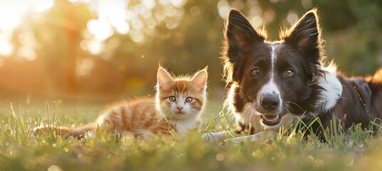 Happy Cat and Dog Together on the Grass at Sunset