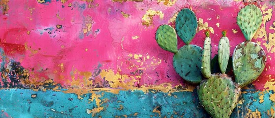   A cactus depicted in a painting against a pink, blue, and yellow wall Peeling paint edges surround the artwork