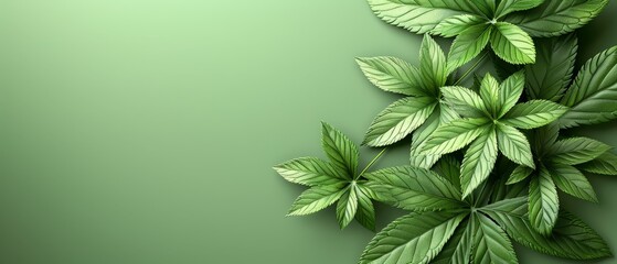   Green leaves atop a uniform green backdrop, text area situated to the image's left side - obrazy, fototapety, plakaty