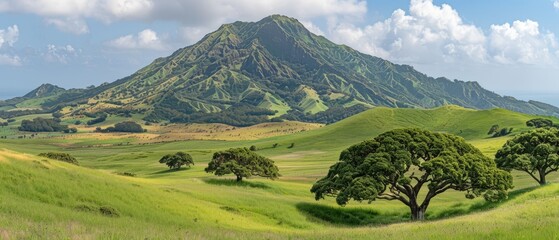   A verdant hillside teems with greenery, dotted with trees In the distance, a majestic mountain rises Above, an expanse of cobalt sky is - obrazy, fototapety, plakaty