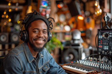 Obraz premium An African descent musician with dreadlocks and denim jacket working with music equipment in a cheerful ambiance